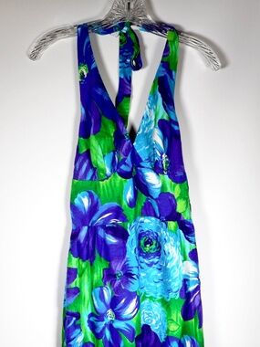 VTG 60s 70s Kimos Polynesian Shop S M Blue Green Floral Hawaiian Dress Halter